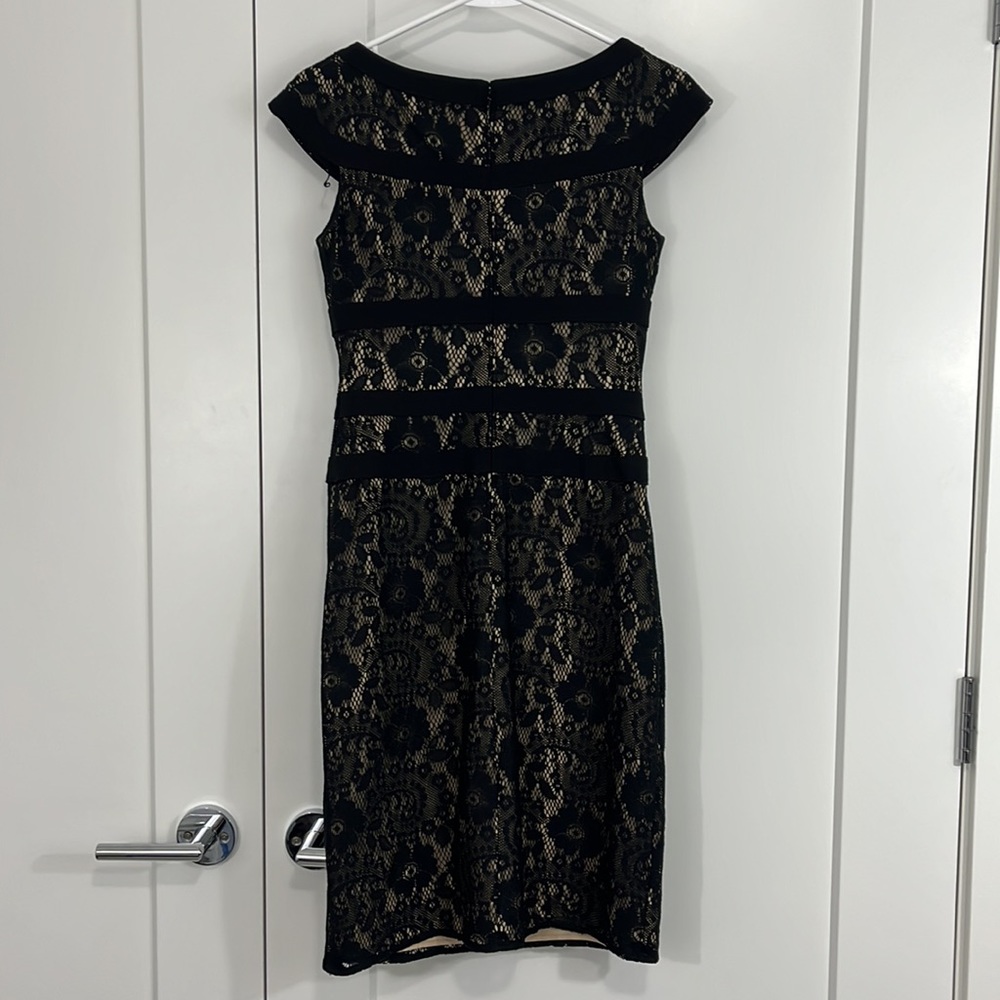 Adrianna Papell Size 2 Beige Black Lace Overlay Cap Sleeve Bodycon Formal Dress - Picture 7 of 12